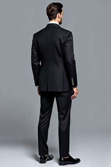 Preto Pico Lapela Stripe 3 Peças Fato Homem